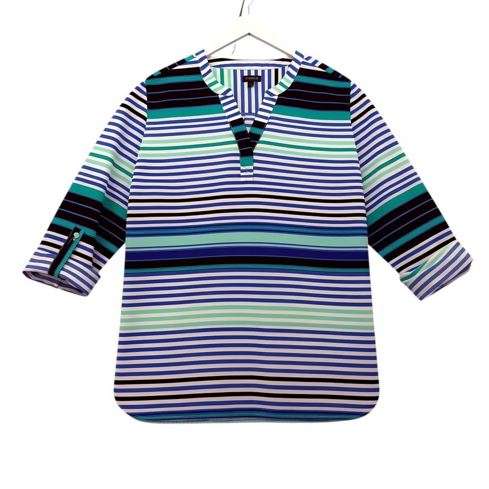 Talbots Womens Blue Green Striped Split Neck 3/4 Sleeve Button Tab Top Large - Picture 2 of 9